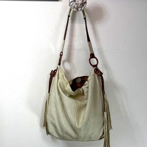 (X2) Lucky Brand ivory leather slouchy handbag with brown stitched strap